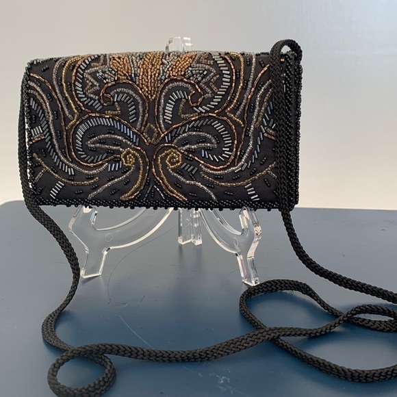 Evening beaded black handbag for homecomings. La Regale Ltd. Snap closure - Picture 1 of 10